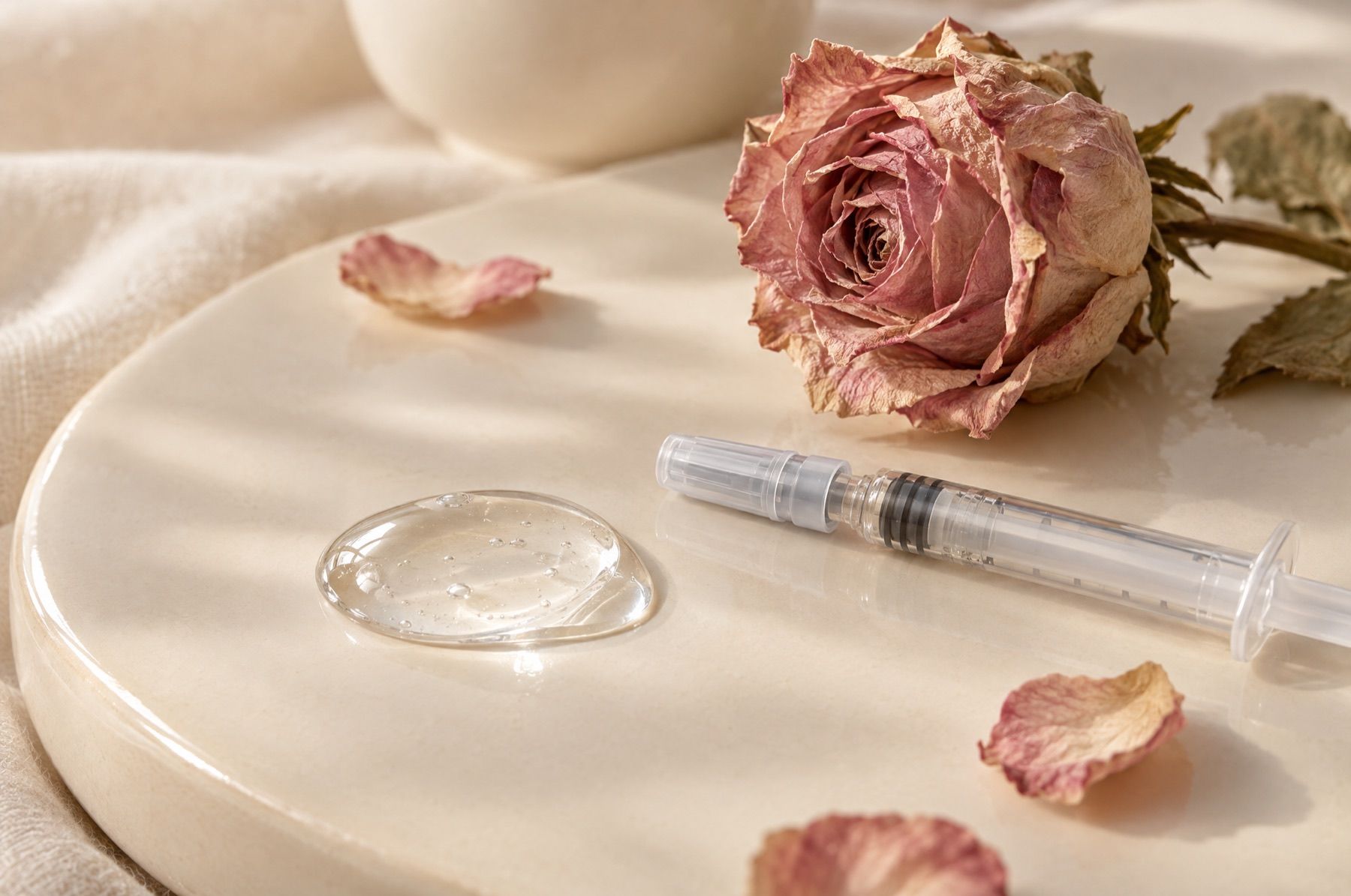 Goccia di gel trasparente su ceramica color panna accanto a una rosa secca