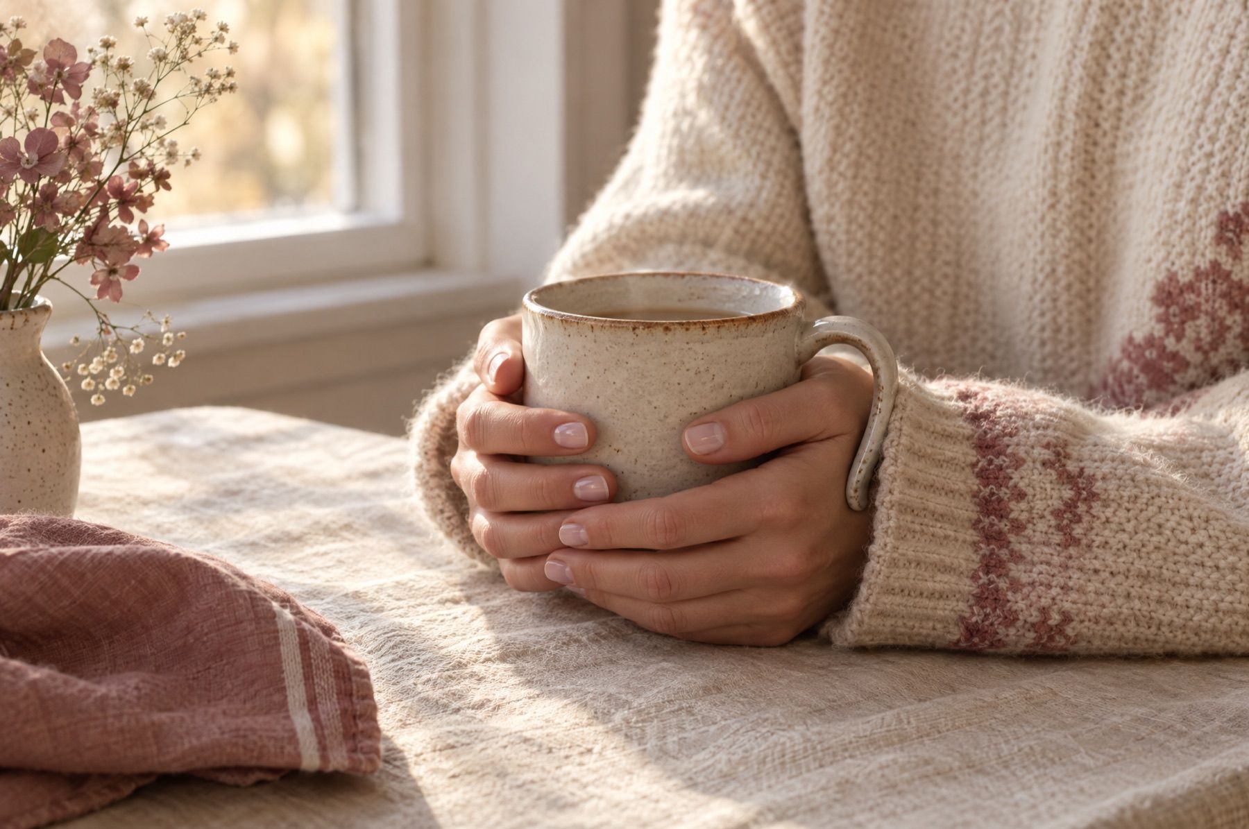 Mani che stringono una tazza calda alla luce del mattino