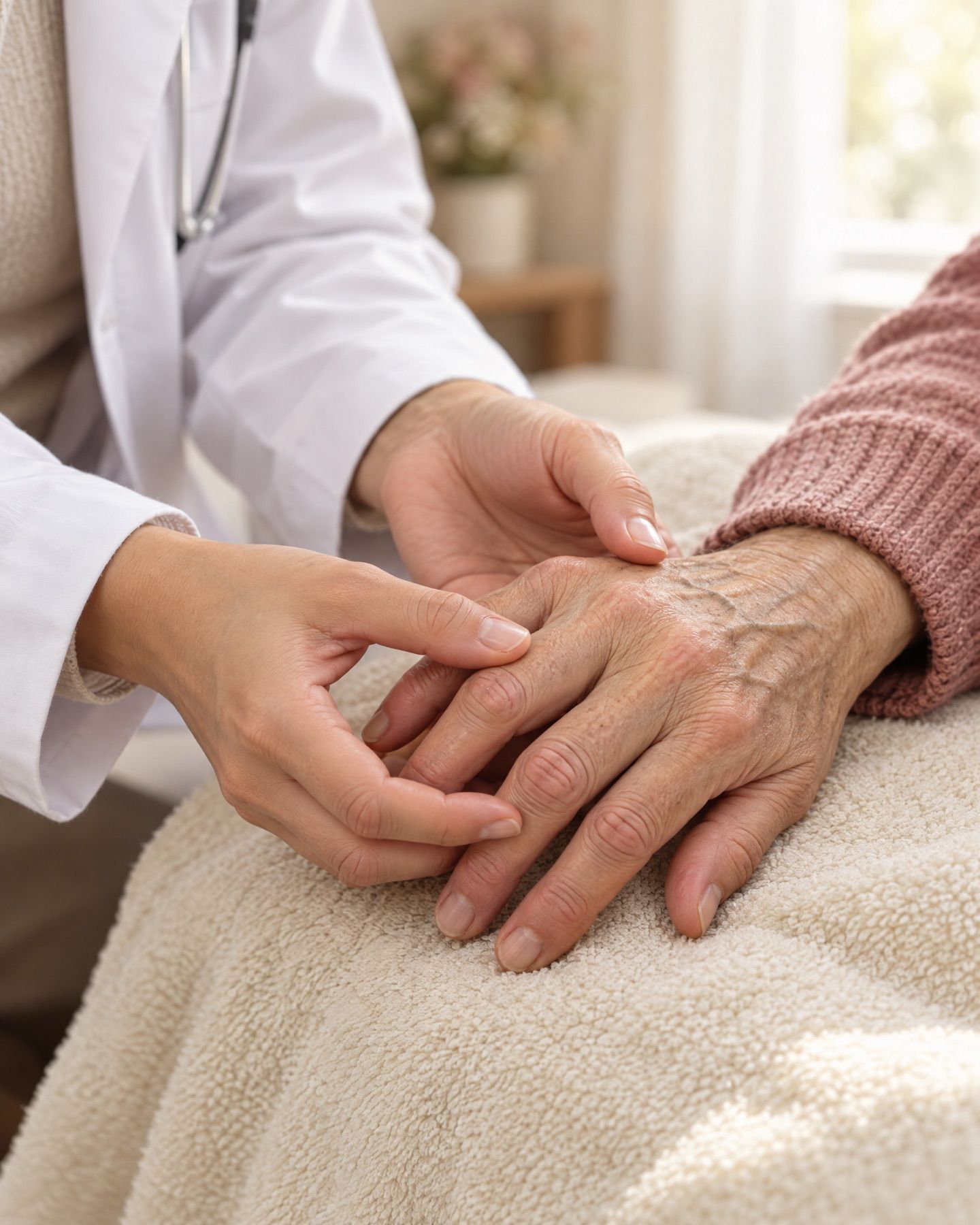 Le mani della dottoressa esaminano la mano di una paziente